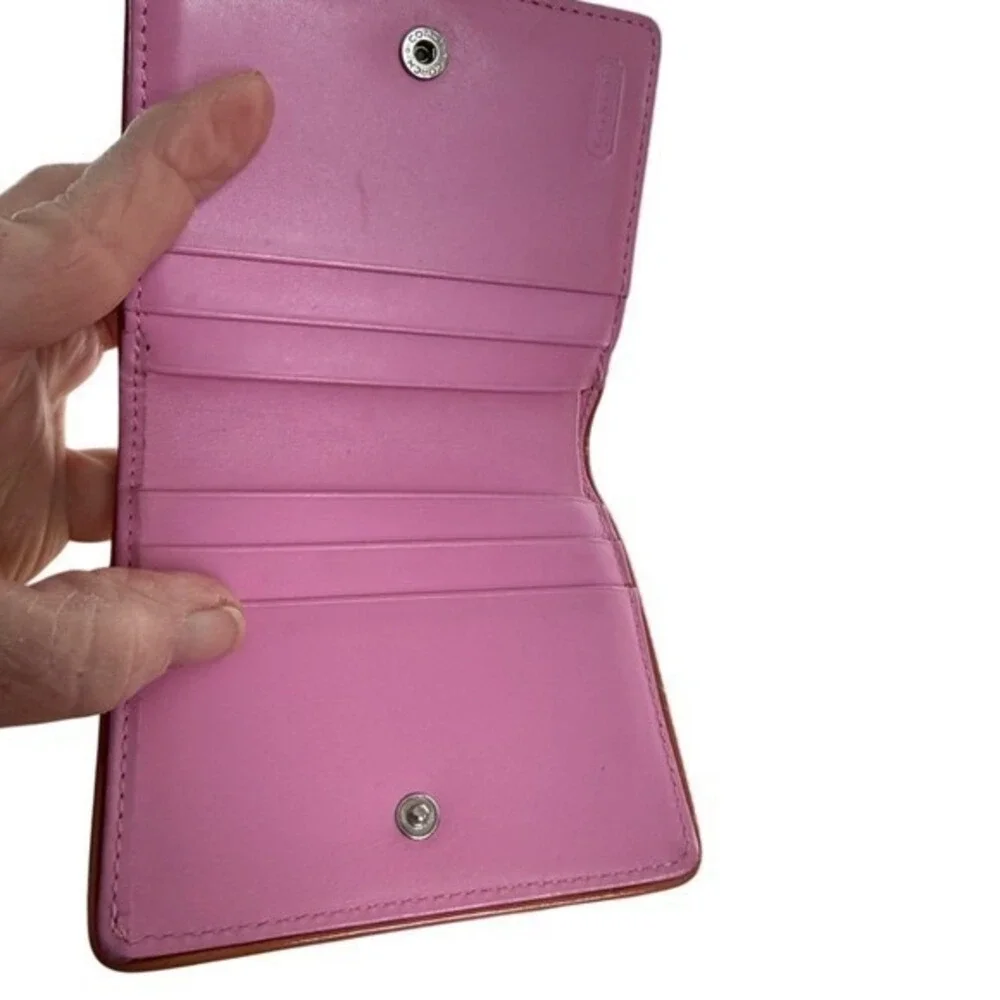 Coach Pink Leather Kisslock Bifold Wallet with Tan Trim‎ and Silver Hardware